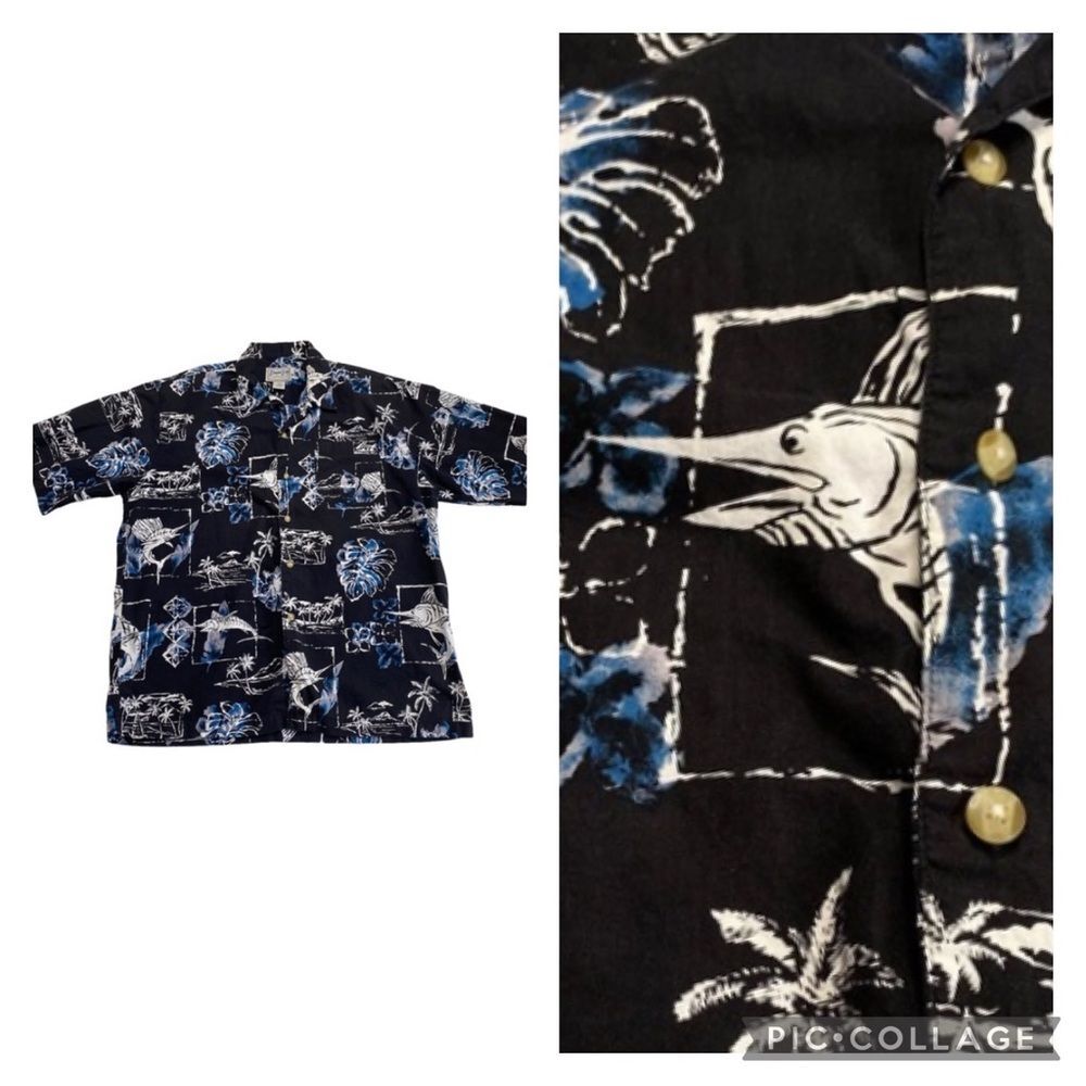 Vintage Bimini Bay Marlin Tropical Print Hawaiian Shirt Fishing Fisherman Sz XL